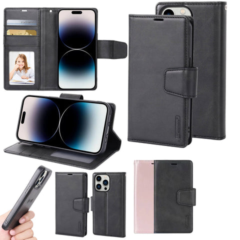Black leather iPhone 16 Pro Max case with built-in card slots and coin compartment