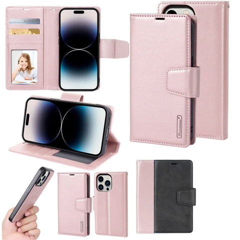 Pink leather iPhone 16 Pro Max case with built-in card slots and coin compartment