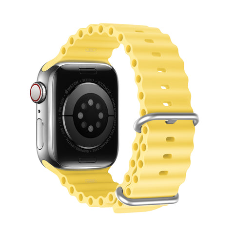 Durable yellow silicone Apple Watch strap for sports and water activities.