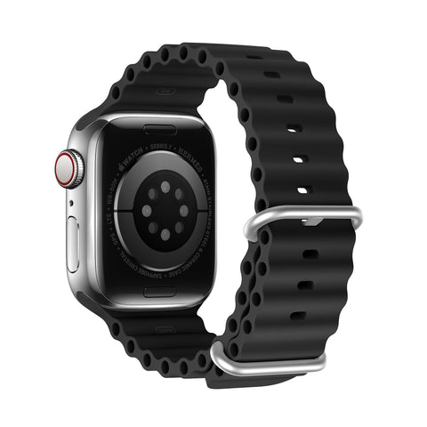 Durable black silicone iWatch band for sports and everyday wear.