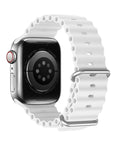 Durable white silicone Apple Watch band for sports and everyday wear.