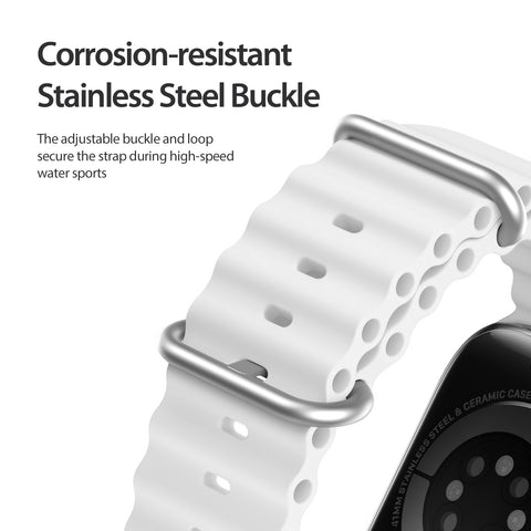 Sleek white sports strap for Apple Watch, ideal for water sports and fitness.