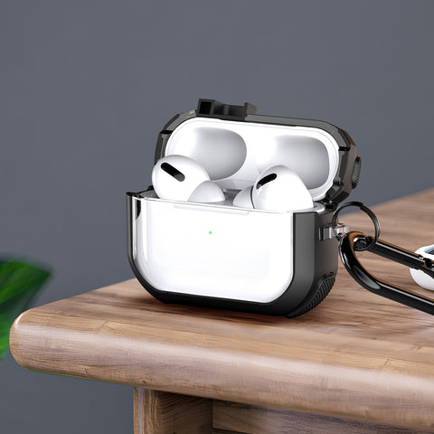 Scratch-resistant AirPods Pro 2 case with black trim and hook.