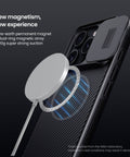 Magnetic case with camera and screen protection for iPhone 16 Pro.