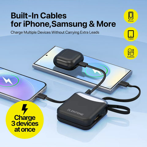10K Mini Power Bank with Built-in Cables for iPhone, Samsung & More - ELEKFONE