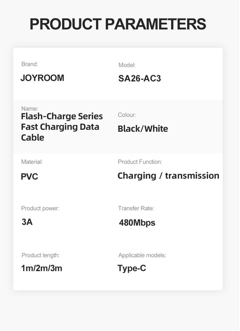 3A USB to USB-C Fast Charging Data Cable 1M/3M