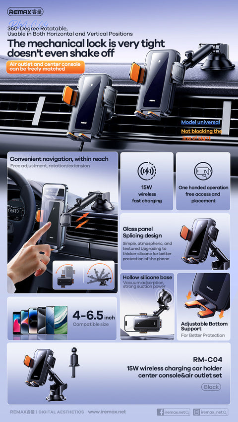 15W Wireless Car Charger Mount – Suction & Vent Options