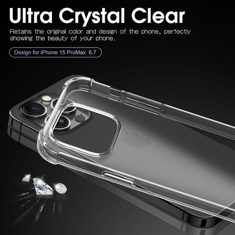 Transparent iPhone 15 Pro Max case, yellowing-resistant TPU.