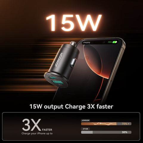 15W Fast Car Charger – Dual USB-A & USB-C Mini Adapter