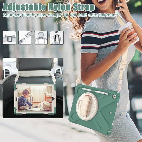 360-degree rotating stand offers hands-free viewing for 7th, 8th, or 9th generation iPad case