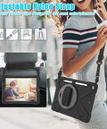 Protective iPad 10.2 inch case with rotating kickstand and secure adjustable hand strap.