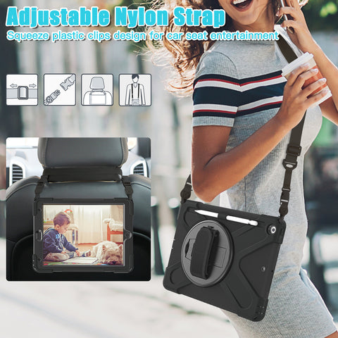 Protective iPad 10.2 inch case with rotating kickstand and secure adjustable hand strap.