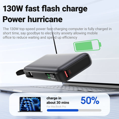 130W Power Bank with Built-in Cable – Fast Charging for Laptops & More