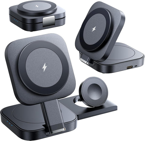 Sleek 3-in-1 wireless charging station with iPhone Apple Watch and AirPods charging simultaneously on a desk