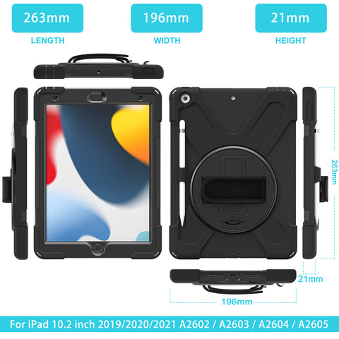 Durable iPad 9th gen case with adjustable hand strap and detachable shoulder strap.