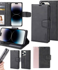 Black leather iPhone 16 Pro Max case with built-in card slots and coin compartment