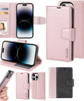 Pink leather iPhone 16 Pro Max case with built-in card slots and coin compartment