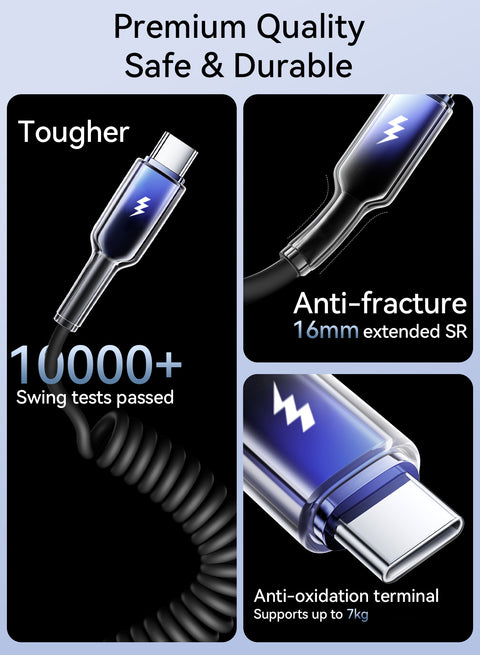 Coiled Type-C charging cable for stable data transfer