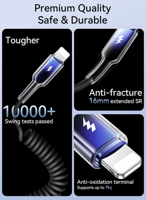 Coiled USB-A to Lightning cable for stable CarPlay transmission