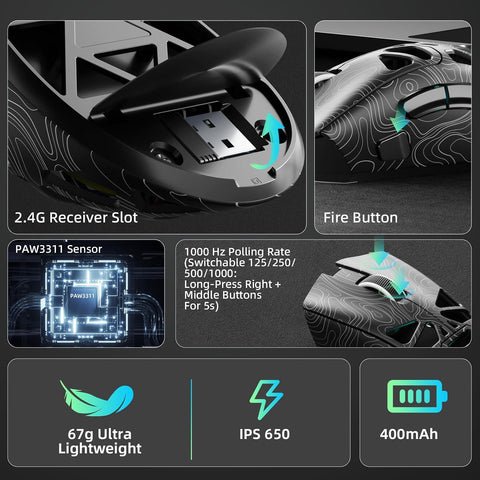 AULA SC620 RGB Tri-Mode Lightweight Wireless Gaming Mouse Black