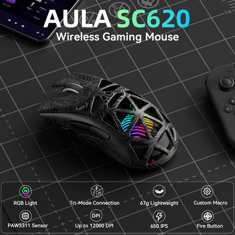 AULA SC620 RGB Tri-Mode Lightweight Wireless Gaming Mouse Black