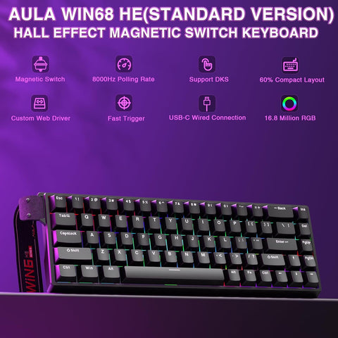 AULA WIN68 HE RGB Hot-Swappable Wired Gaming Keyboard - Black, Greywood Magnetic Switch, 68 keys