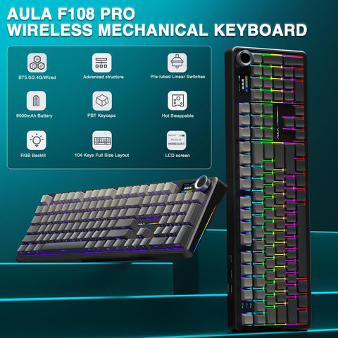 AULA F108 PRO RGB Hot-Swappable Wireless Gaming Keyboard - Caramel Latte Linear Switches, 104 keys