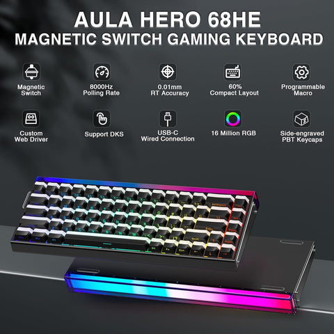 AULA HERO 68 HE RGB Hot-Swappable Wired Gaming Keyboard - Jade King Magnetic Switch, 68 keys