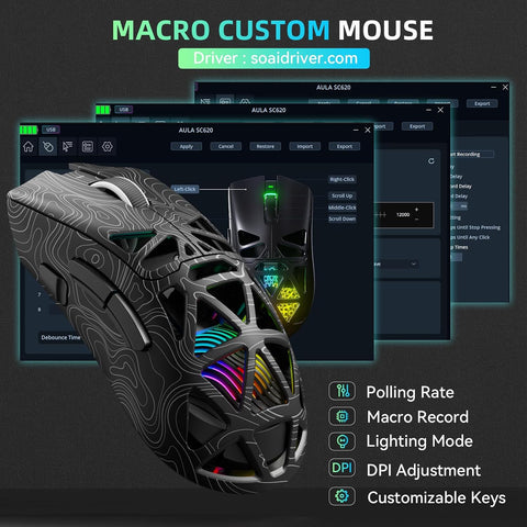 AULA SC620 RGB Tri-Mode Lightweight Wireless Gaming Mouse Black