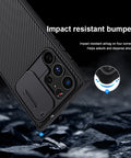 Samsung Galaxy S22 Ultra case featuring sliding cover for lens protection.