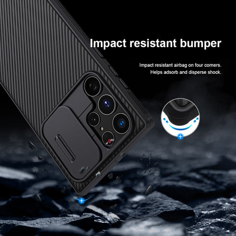 Samsung Galaxy S22 Ultra case featuring sliding cover for lens protection.