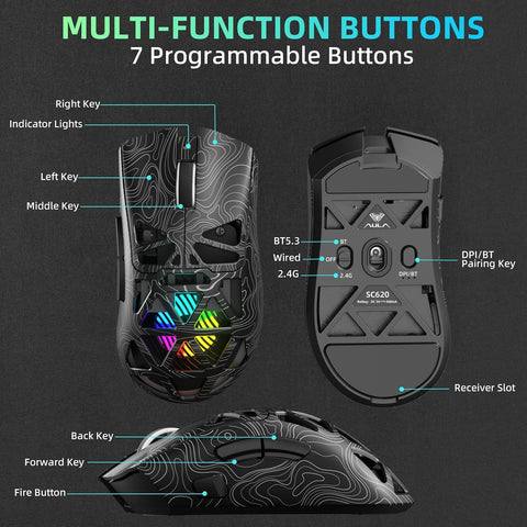 AULA SC620 RGB Tri-Mode Lightweight Wireless Gaming Mouse Black