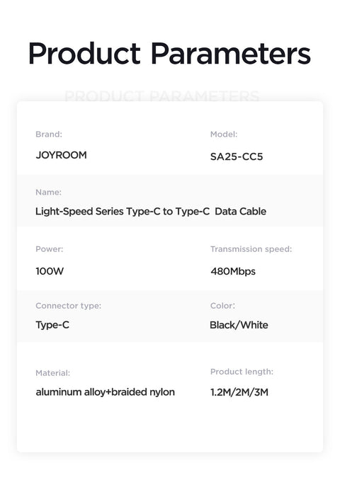 JOYROOM USB-C to USB-C 100W Fast Charging Data Cable 1.2M