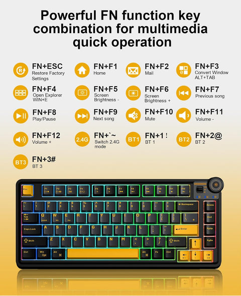 AULA AU75 RGB Hot-Swappable Wireless Gaming Keyboard - Black Yellow, Star Vector Switch, 81 keys