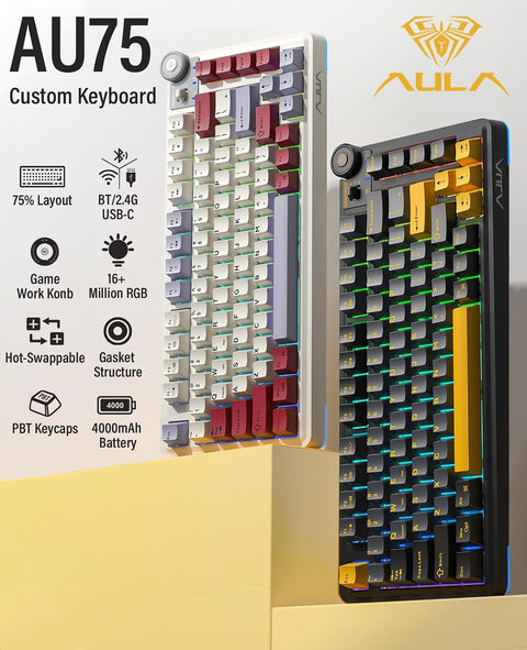 AULA AU75 RGB Hot-Swappable Wireless Gaming Keyboard - Black Yellow, Star Vector Switch, 81 keys