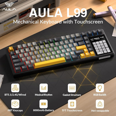 AULA L99 RGB Hot-Swappable Wireless Mechanical Keyboard with 3.98" IPS Display - Black Transparent, Caramel Latte Switch, 84 Key