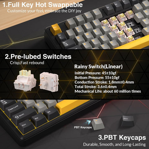 AULA L99 RGB Hot-Swappable Wireless Mechanical Keyboard with 3.98" IPS Display - Black Transparent, Caramel Latte Switch, 84 Key