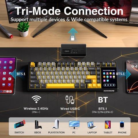 AULA L99 RGB Hot-Swappable Wireless Mechanical Keyboard with 3.98" IPS Display - Black Transparent, Caramel Latte Switch, 84 Key