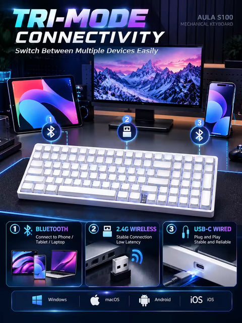 AULA S100 RGB Hot-Swappable Wired Mechanical Gaming Keyboard - White, Brown Switch, 99 keys