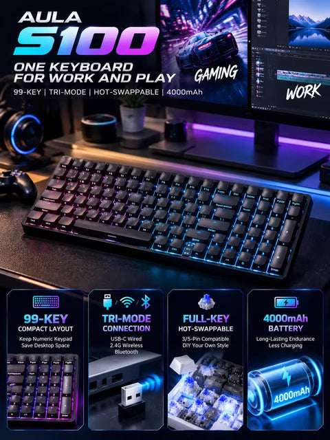 AULA S100 RGB Hot-Swappable Wired Mechanical Gaming Keyboard - White, Brown Switch, 99 keys
