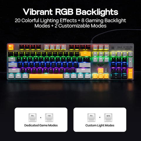 AULA S500 RGB Hot-Swappable Wired Gaming Keyboard - Black Grey, Blue Switch, 104 keys