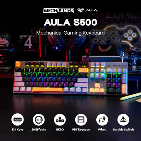 AULA S500 RGB Hot-Swappable Wired Gaming Keyboard - Black Grey, Blue Switch, 104 keys