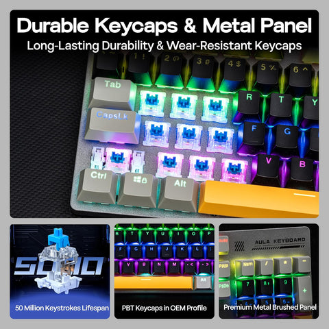 AULA S500 RGB Hot-Swappable Wired Gaming Keyboard - Black Grey, Blue Switch, 104 keys