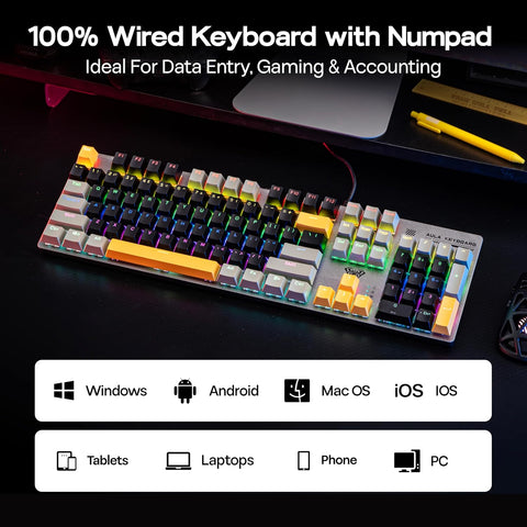 AULA S500 RGB Hot-Swappable Wired Gaming Keyboard - Black Grey, Blue Switch, 104 keys