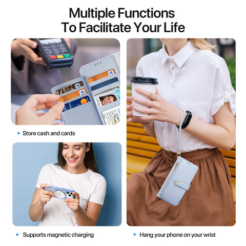 iPhone 17 Pro Max Purple PU Leather Wallet Case with Zip & Magnetic Cover