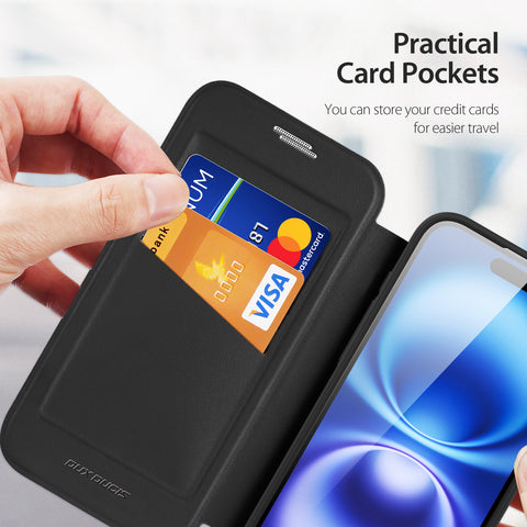 iPhone 17 Black PU Leather Wallet Case with MagSafe & TPU Frame