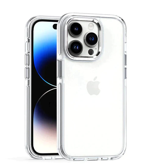 Clear iPhone 15 case with anti-yellowing and shockproof corners.