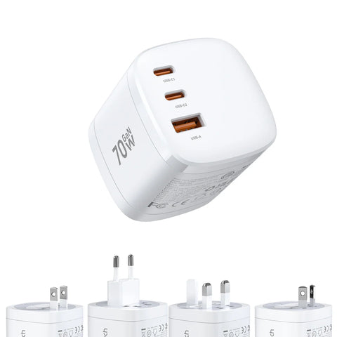 CHOETECH 70W GaN Universal Travel Adapter – 3-Port Fast Charger