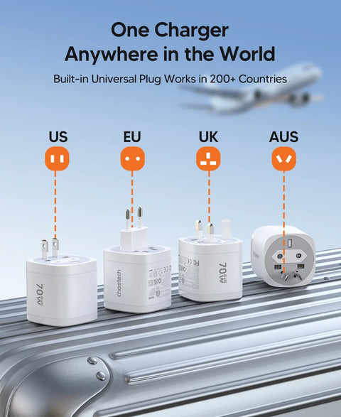 CHOETECH 70W GaN Universal Travel Adapter – 3-Port Fast Charger
