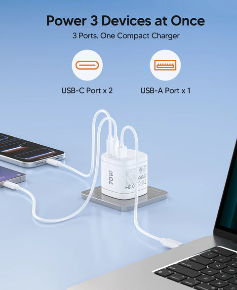 CHOETECH 70W GaN Universal Travel Adapter – 3-Port Fast Charger